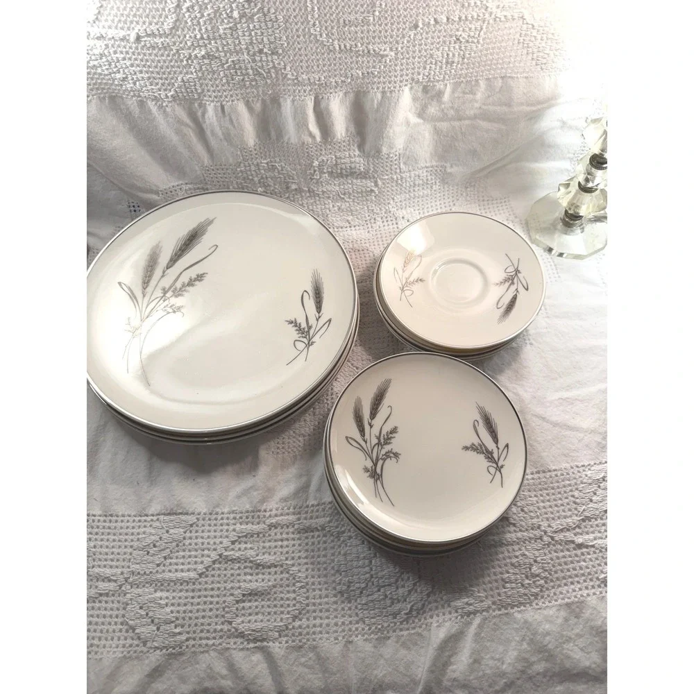 12 Ancestral Wheat Fine Translucent China Set 4 Dinner Salad Plates Saucers USA